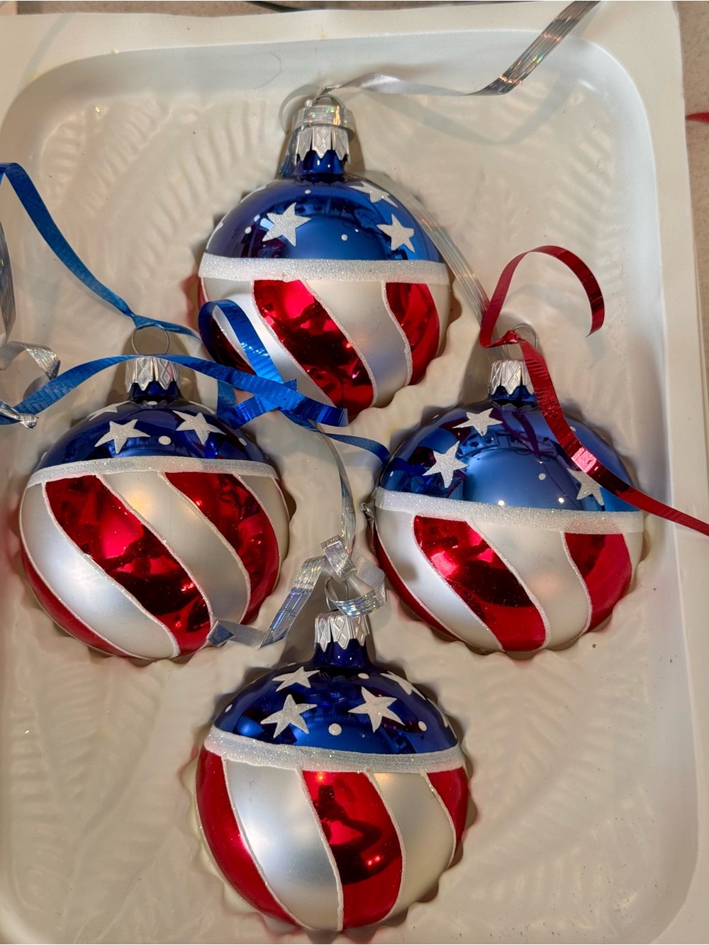 🇺🇸 American Red, White & Blue Star Stripe Glass Ornaments - Set of 4 - 2004